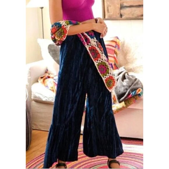 Natural‎ Life Womens Aria Pants Navy Velvet Pull-on Wide Leg Flare Boho Nautical - Picture 1 of 10